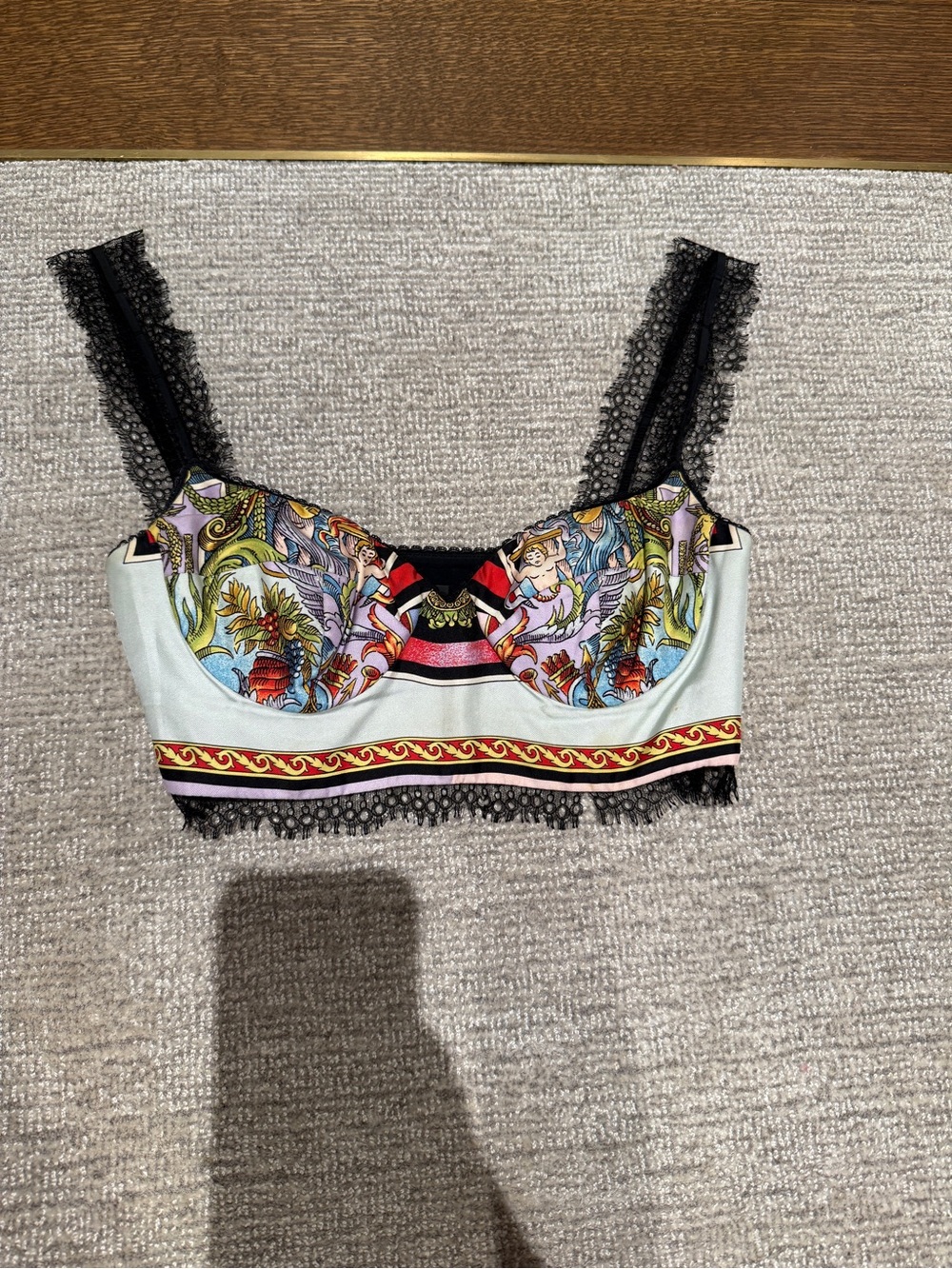 Versace Multicolor Baroque Print Lace-Trim Bralette